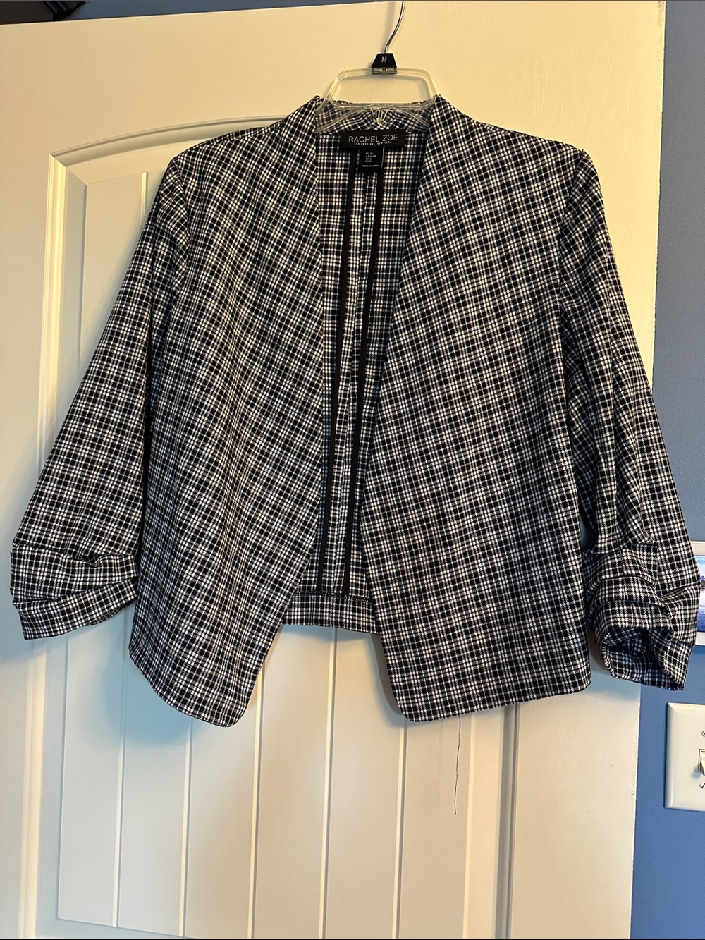 RACHEL ZOE Black and White Plaid Open-Front Blazer